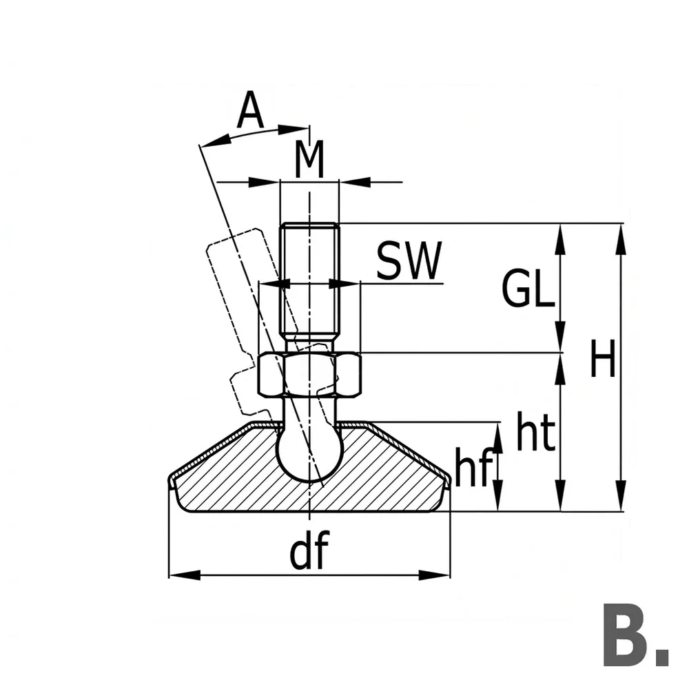 Plano de dimensiones 2 Pie nivelador redondo con tapa cromada o niquelada - articulado