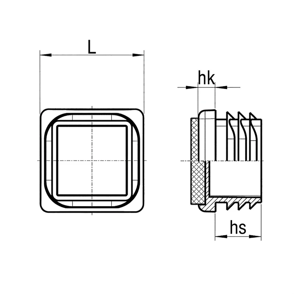 Plano de dimensiones Contera cuadrada con base de PTFE