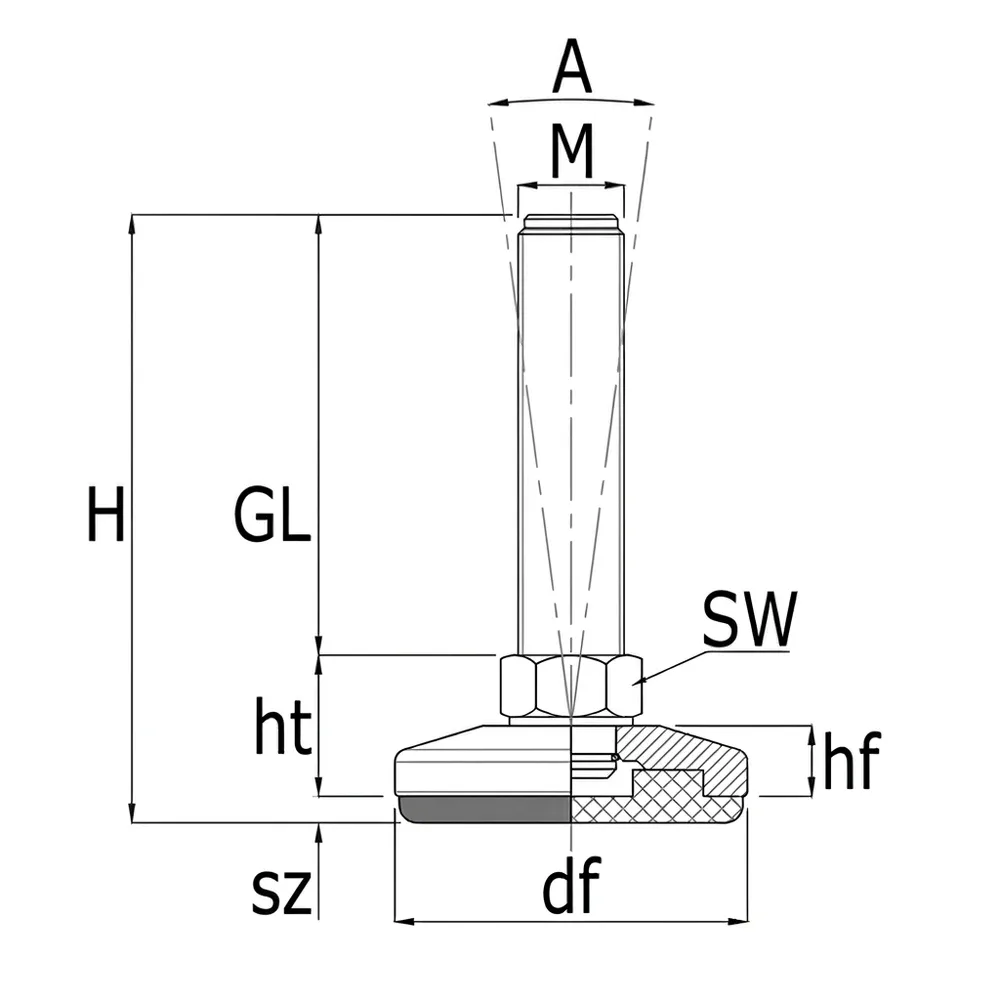 Dibujo técnico: Pie nivelador inox – base articulada