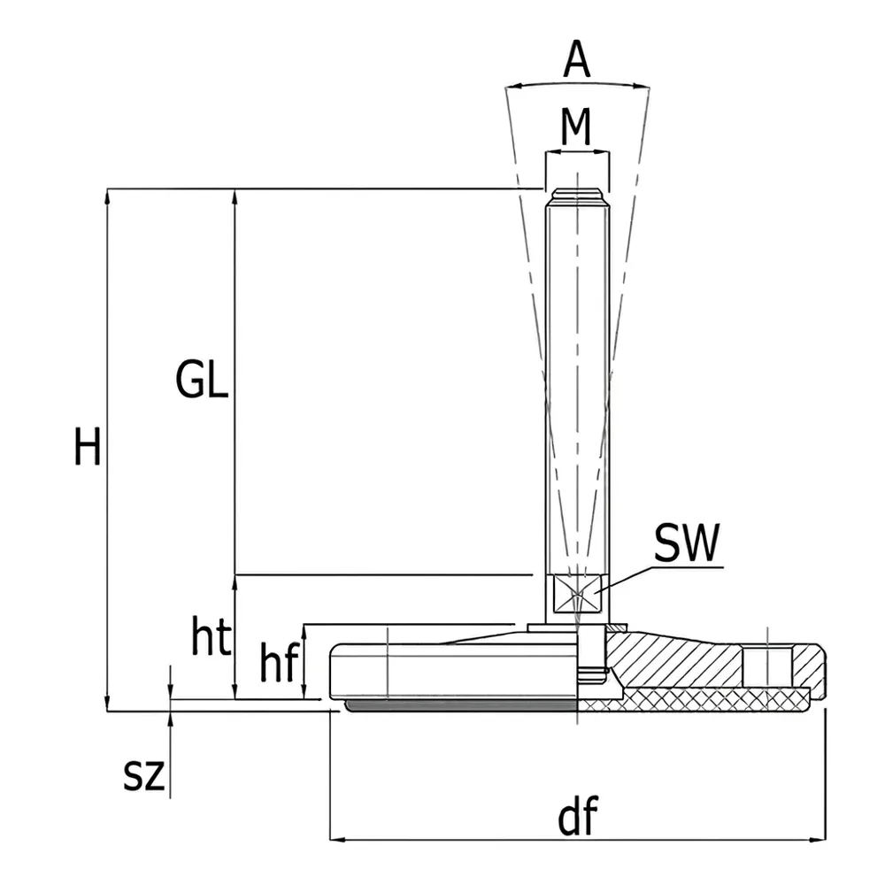 Dibujo técnico: Pie nivelador inox – base articulada