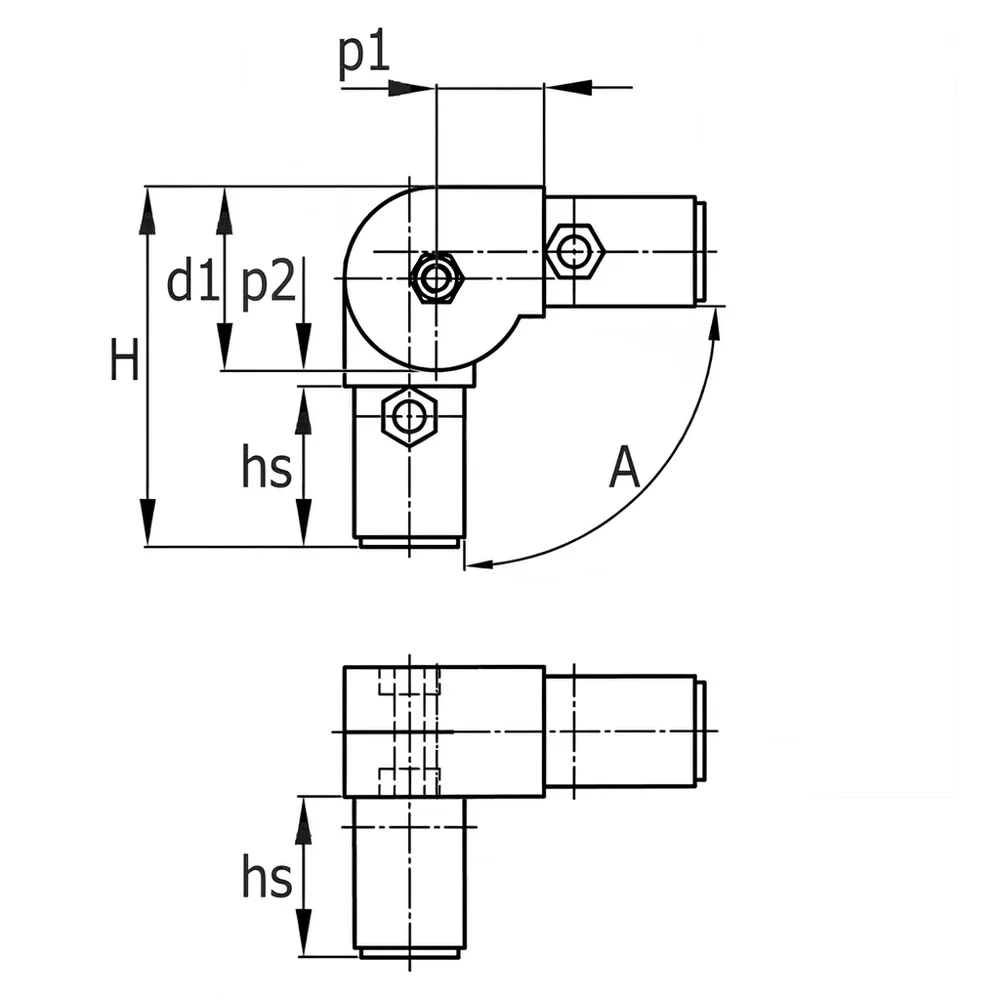 Plano acotado Conector para tubo cuadrado articulado PA 30x30 - 2.0mm - 45-200° - 3D3 - Negro