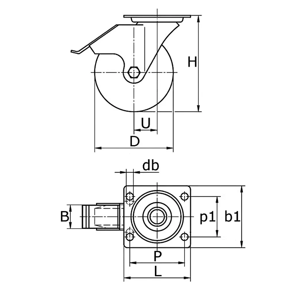 Dibujo técnico: Rueda mini de carga pesada giratoria con freno y platina