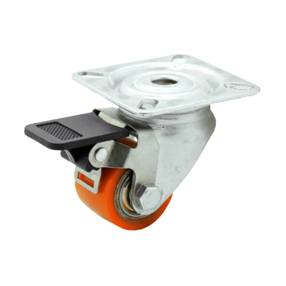 Rueda de aparato giratoria mini con freno Ø50mm - banda de rodadura PU / TPU - carga pesada - Rodamiento de bolas - Fijación de placa 60x60mm - St - Acero