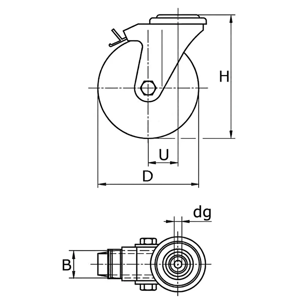 Dibujo técnico: Rueda mini resistente giratoria con freno - Agujero central