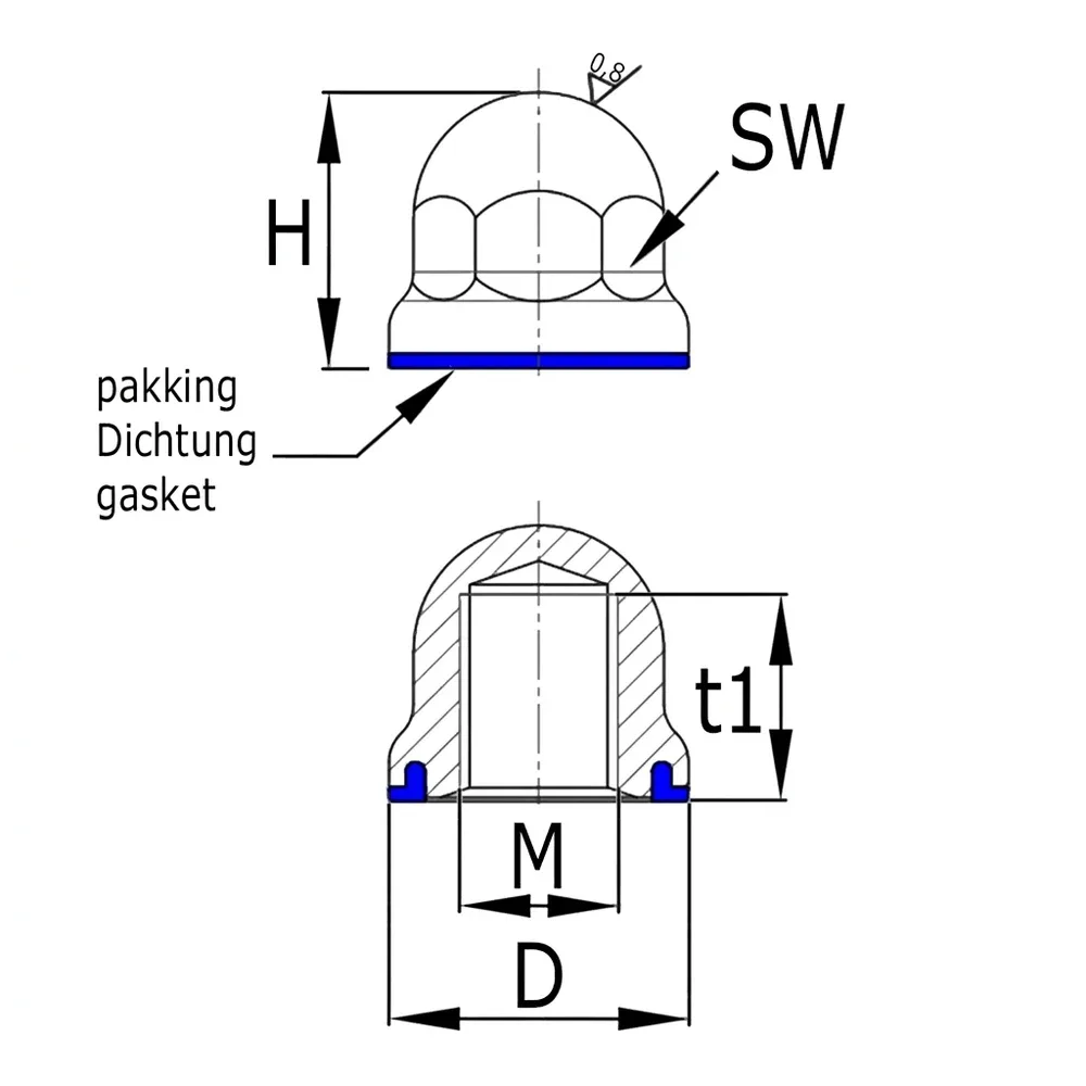 Dibujo técnico: Tuercas ciegas de acero inoxidable – Estándar de higiene 3-A