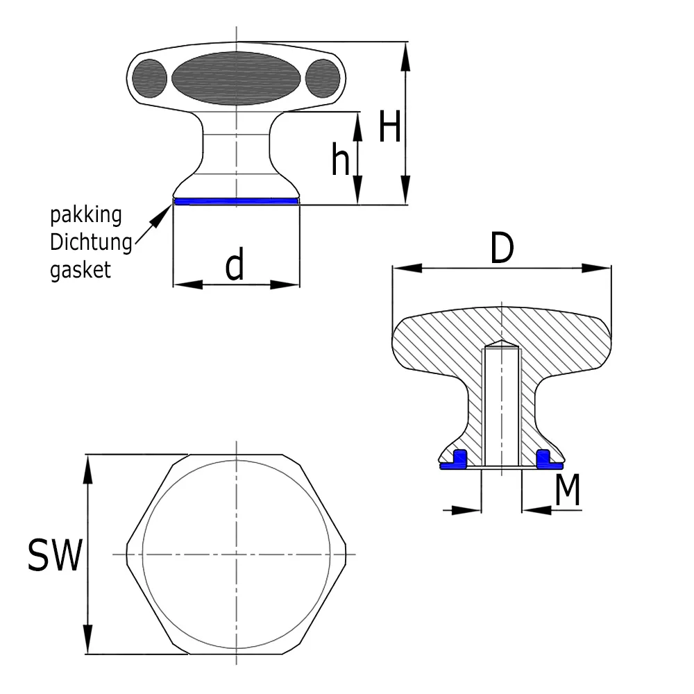 Dibujo técnico: Pomo estrella de acero inoxidable – estándar higiénico 3-A