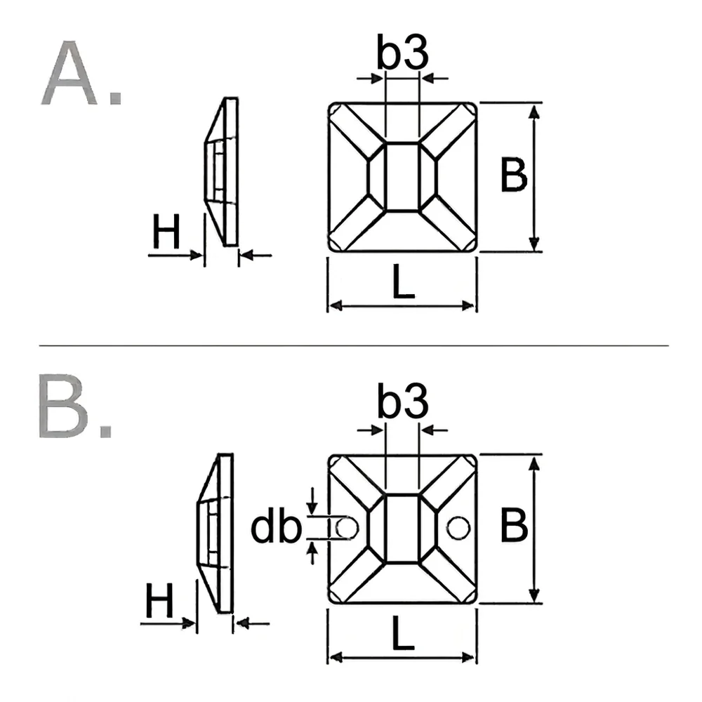 Plano acotado Soportes para bridas autoadhesivos PA - 13x13mm - ancho de banda 2.7 - Negro