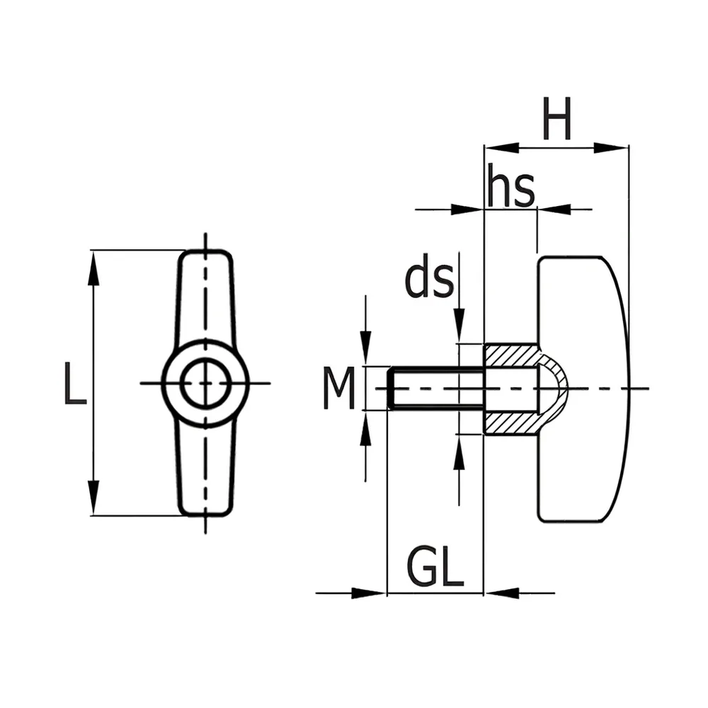 Dibujo técnico: Tuerca de mariposa Modelo 3 – PA – rosca macho