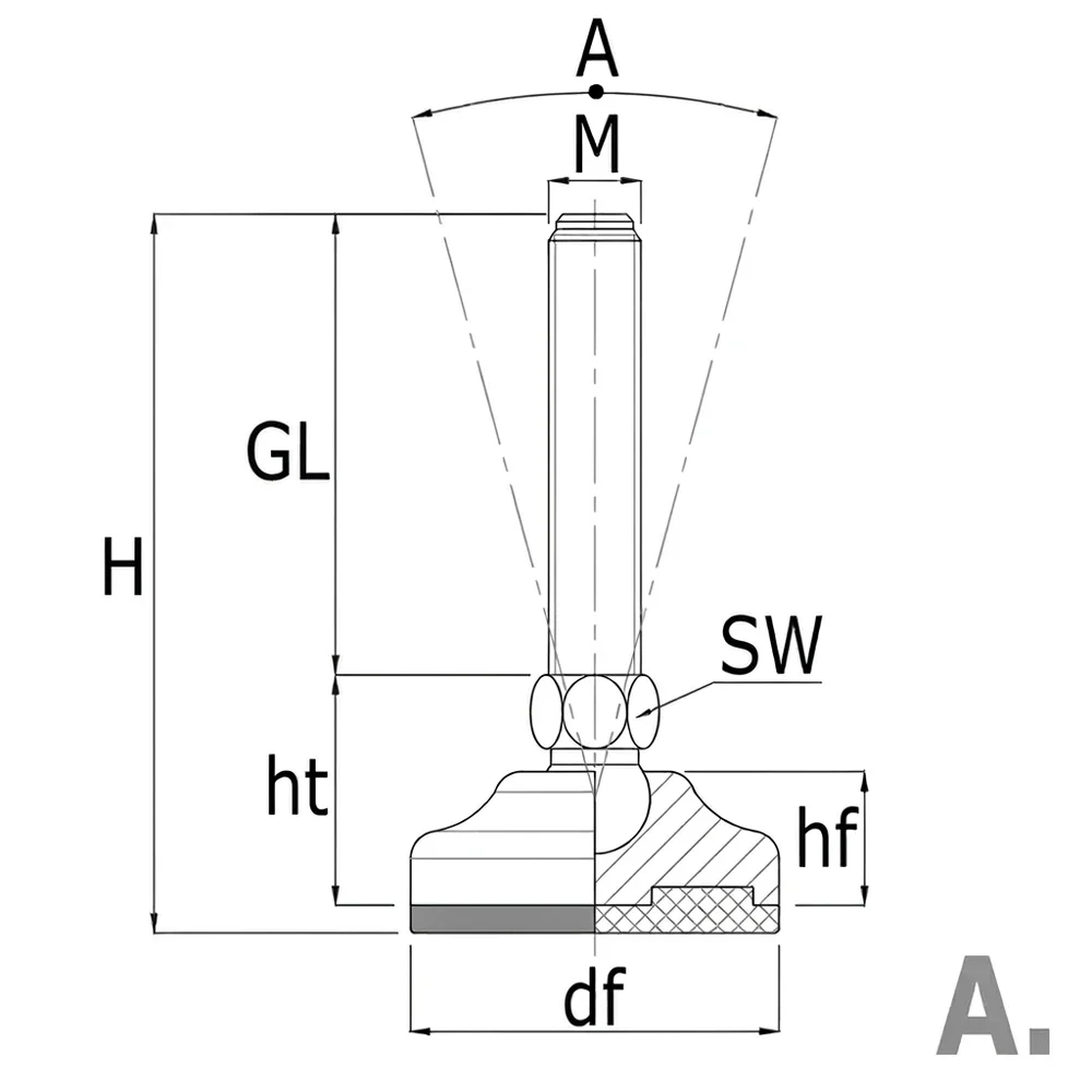 Plano acotado Pie nivelador redondo articulado antideslizante Ø120 - M20x150 - Acero inoxidable A2 (AISI 304)