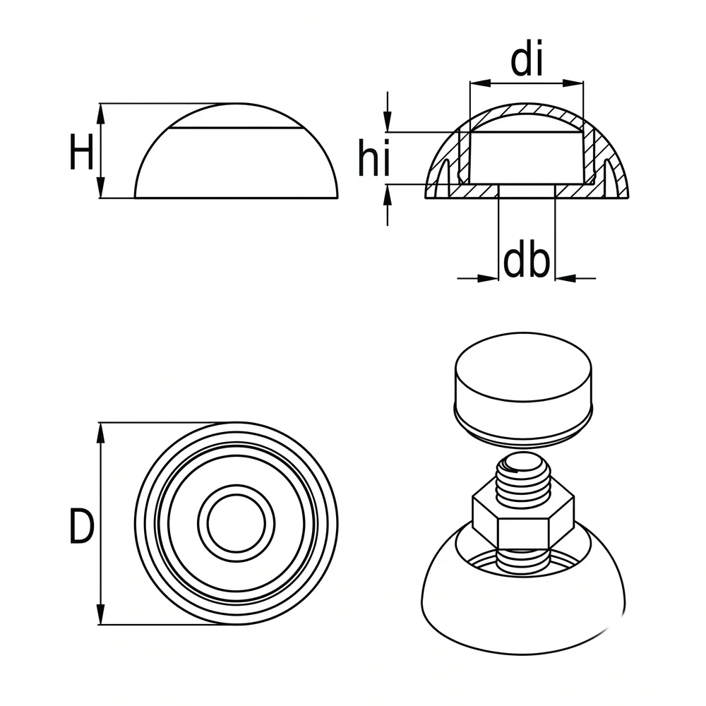 Plano acotado Tapón de base PP+UVA M6-M8 - Ø20mm - Parte 2 - Rojo