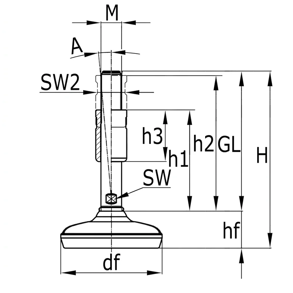 Plano de dimensiones Pie nivelador de acero inoxidable – Higiene reforzada