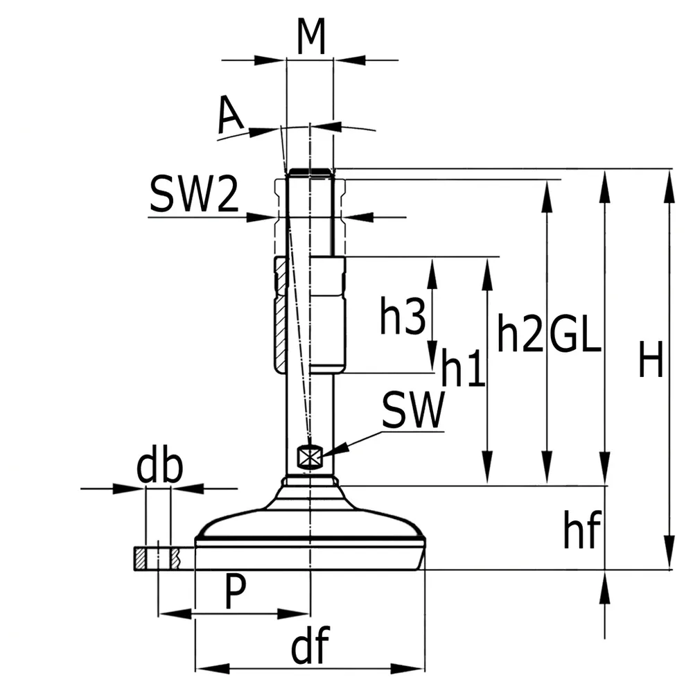 Dibujo técnico: Pie nivelador de acero inoxidable – extra higiénico – con ojal de fijación
