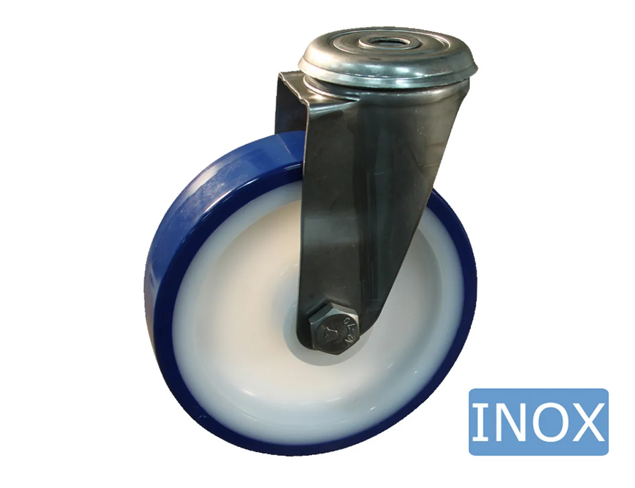 Rueda de TPU giratoria - Agujero central- horquilla acero inoxidable – Rueda TPU - 600kg - horquillas de acero inoxidable