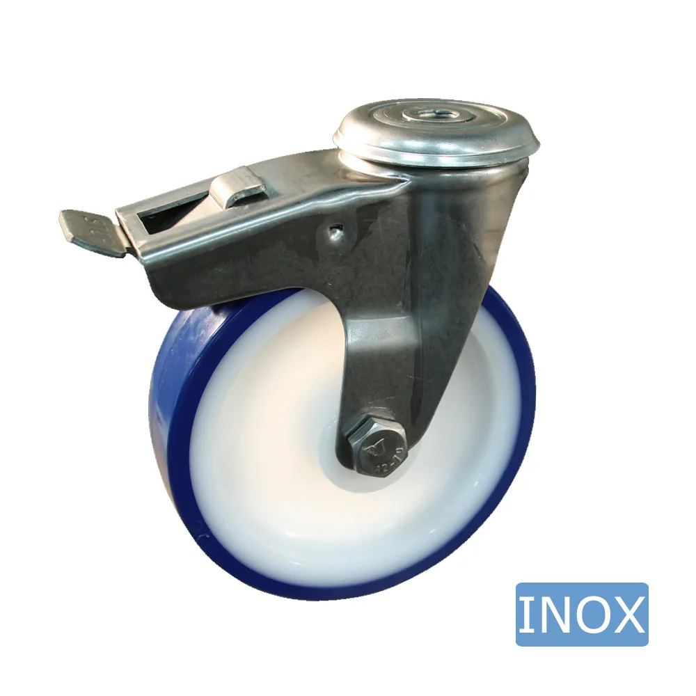 Rueda giratoria con freno PA Ø125mm - banda de rodadura azul TPU - Cojinete de deslizamiento - Agujero de perno Ø12.5mm - Acero inoxidable A2 (AISI 304)