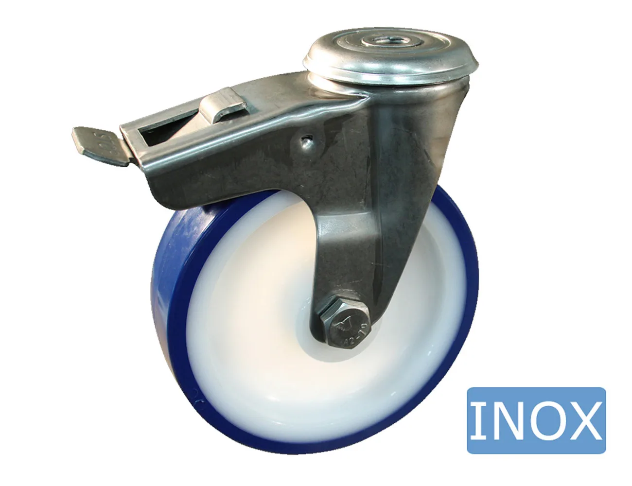 Rueda TPU giratoria con freno - Agujero central - horquilla acero inoxidable – Rueda TPU - 600kg - horquillas de acero inoxidable