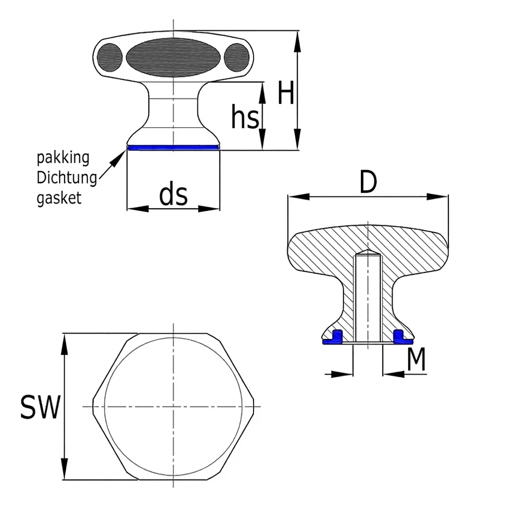 Plano de dimensiones Pomo estrella de acero inoxidable – estándar higiénico 3-A