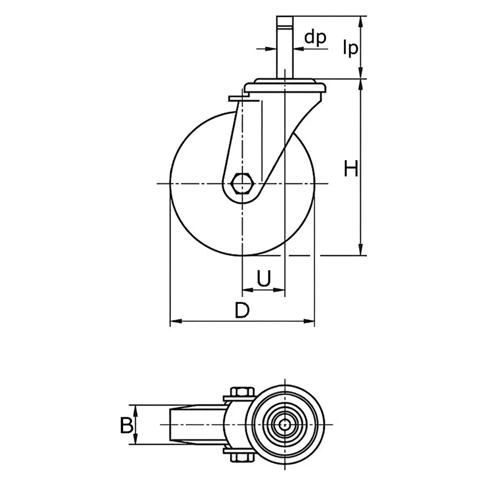 Dibujo técnico: Rueda industrial giratoria con espiga
