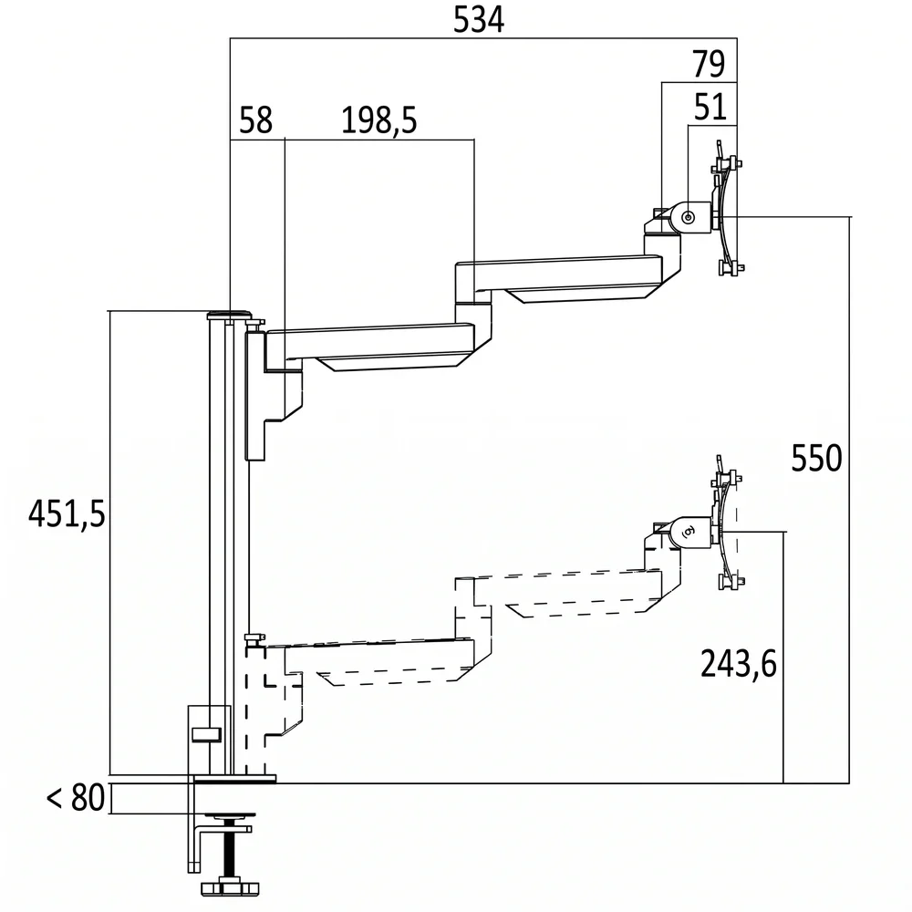 Plano de dimensiones Soporte de monitor Galaxy - set: poste con brazos estáticos - 1 pantalla