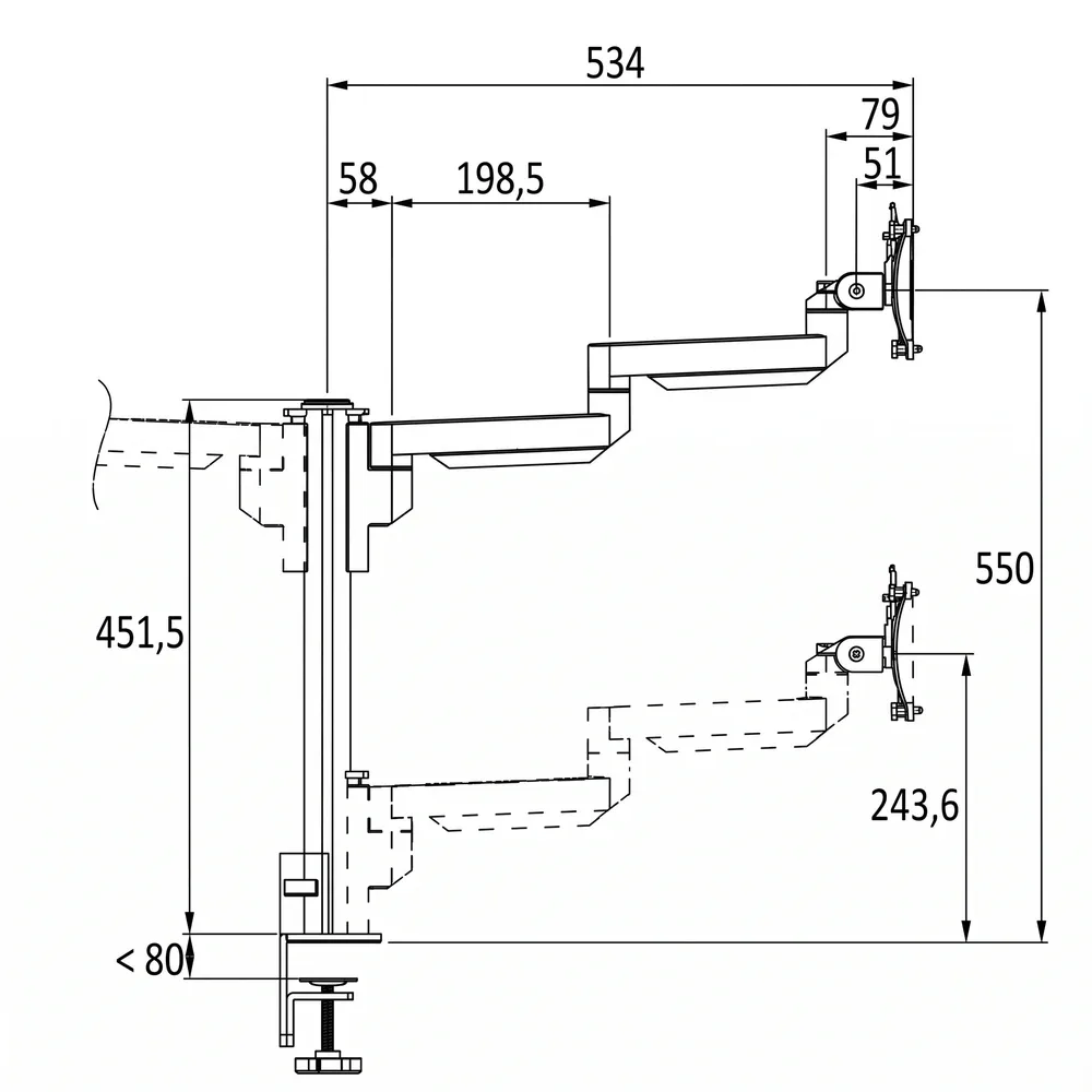 Dibujo técnico: Brazo para monitor Galaxy – SET: poste con brazos estáticos – 2 pantallas