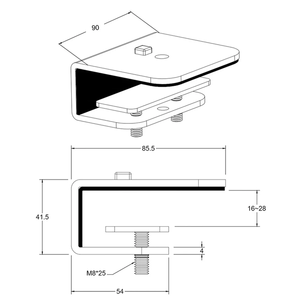 Dibujo técnico 1 – Abrazadera de borde para tablero deslizante - Al - Aluminio - para brazo soporte de monitor Galaxy - Blanco