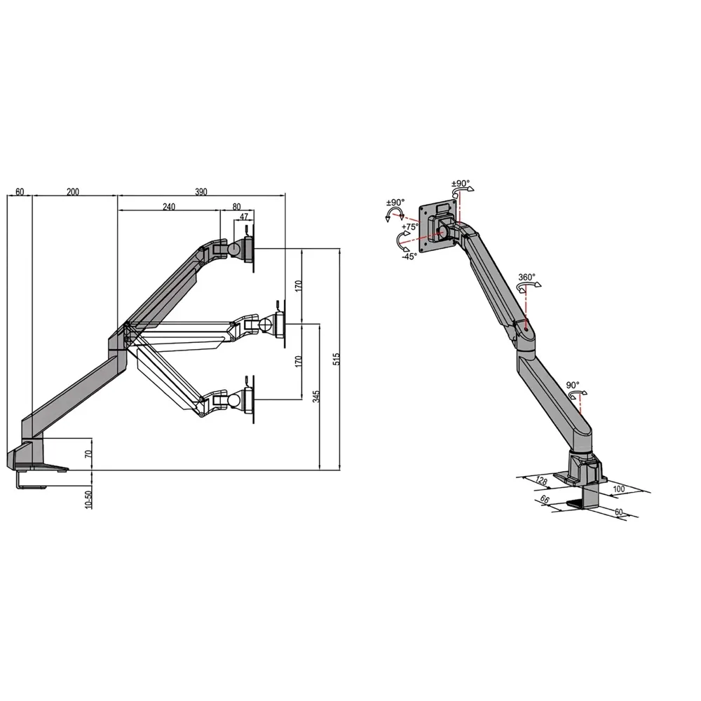 Dibujo técnico 1 – Brazo para monitor Darmian - Al - Aluminio - SET - 1 pantalla con resorte de gas 9-21kg - Blanco