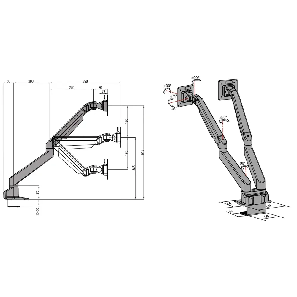 Dibujo técnico 1 – Brazo para monitor Damian Al - Aluminio - SET - 2 brazos con resortes de gas 2-10kg - 2 pantallas - Blanco