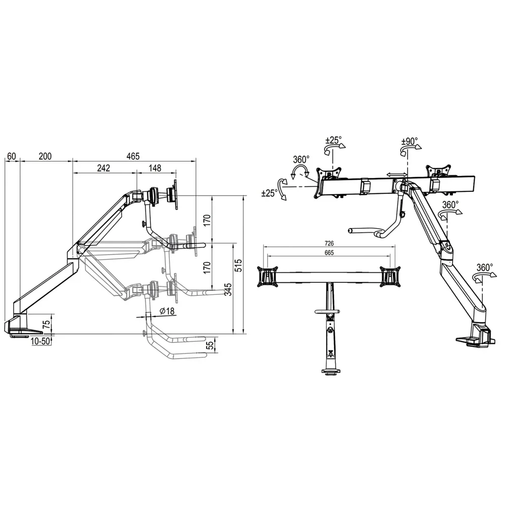 Plano de dimensiones Brazo para monitor Damian – SET - resorte de gas 2-10kg + barra transversal – 2 pantallas