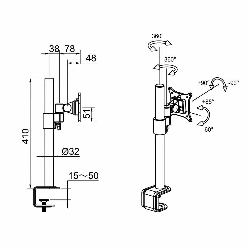 Dibujo técnico 1 – Brazo soporte de monitor B-Sky Eco3 soporte corto unilateral - St - Acero - mordaza de borde de tablero y pasacables - 1 pantalla - Negro