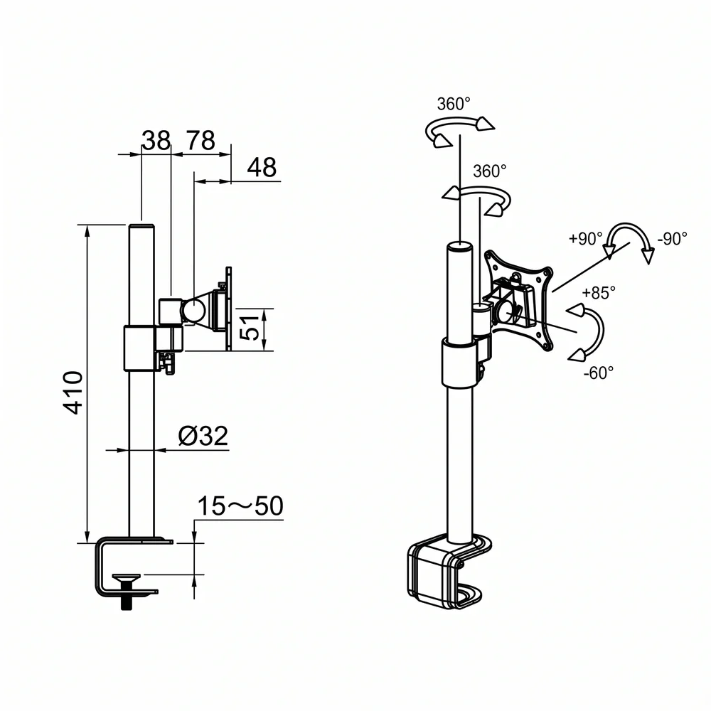 Plano de dimensiones Soporte de monitor B-Sky ECO -3 - set - columna con soporte corto - una pantalla