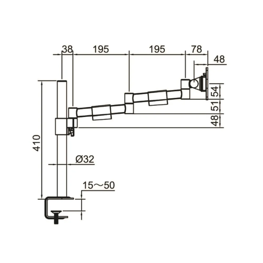 Dibujo técnico 1 – Soporte de monitor B-Sky Eco3 poste con brazos estáticos - Al - Aluminio - mordaza de borde de mesa y pasacables - 1 pantalla - Negro