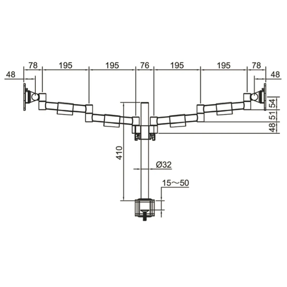 Dibujo técnico 1 – Brazo para monitor B-Sky Eco3 Al - Aluminio - SET - poste con brazos estáticos - pinza de borde de mesa y pasacables - 2 pantallas - Blanco