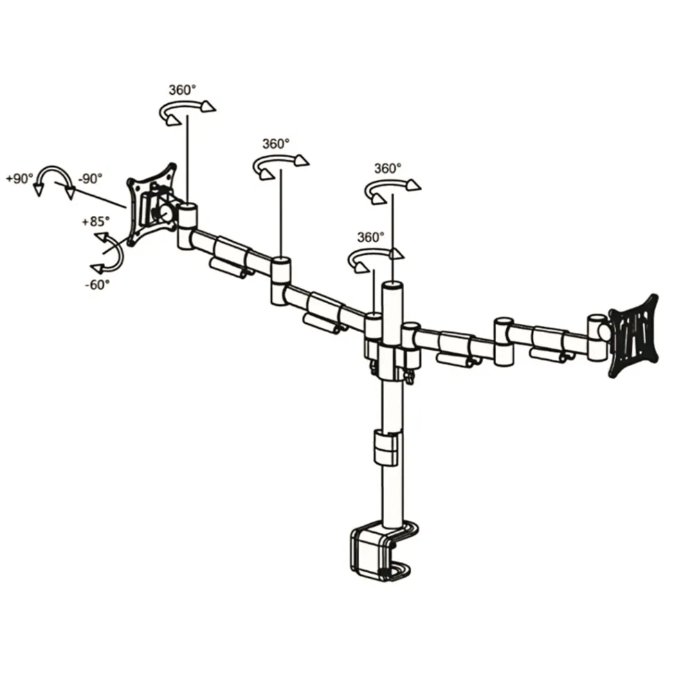 Dibujo técnico 2 – Brazo para monitor B-Sky Eco3 Al - Aluminio - SET - poste con brazos estáticos - pinza de borde de mesa y pasacables - 2 pantallas - Blanco