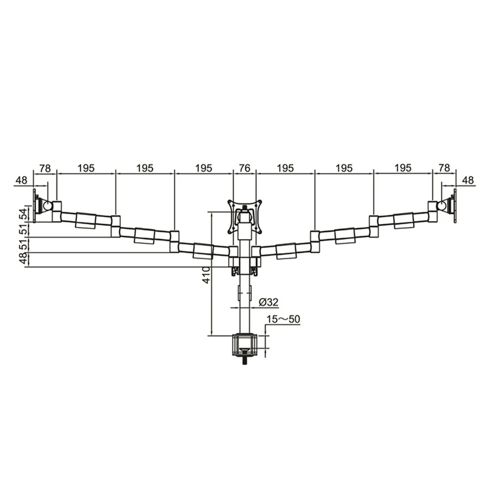 Plano de dimensiones Brazo para monitor B-Sky ECO 3 – SET – poste con brazos estáticos – 3 pantallas