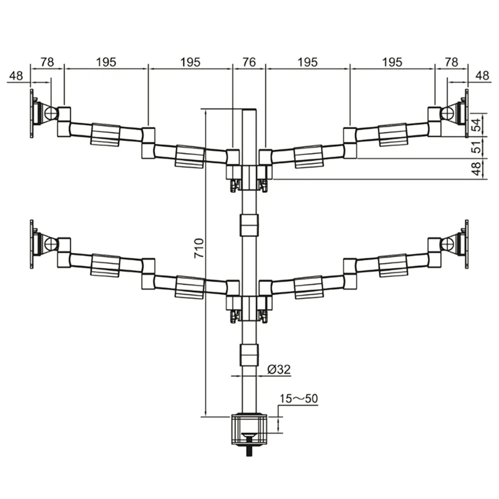 Dibujo técnico: Brazo para monitor B-Sky ECO 3 – SET – poste con brazos estáticos – 4 pantallas