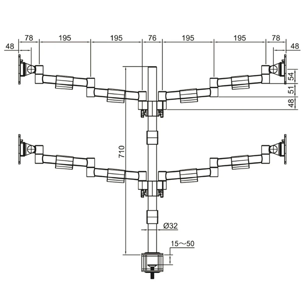 Plano de dimensiones Brazo para monitor B-Sky ECO 3 – SET – poste con brazos estáticos – 4 pantallas