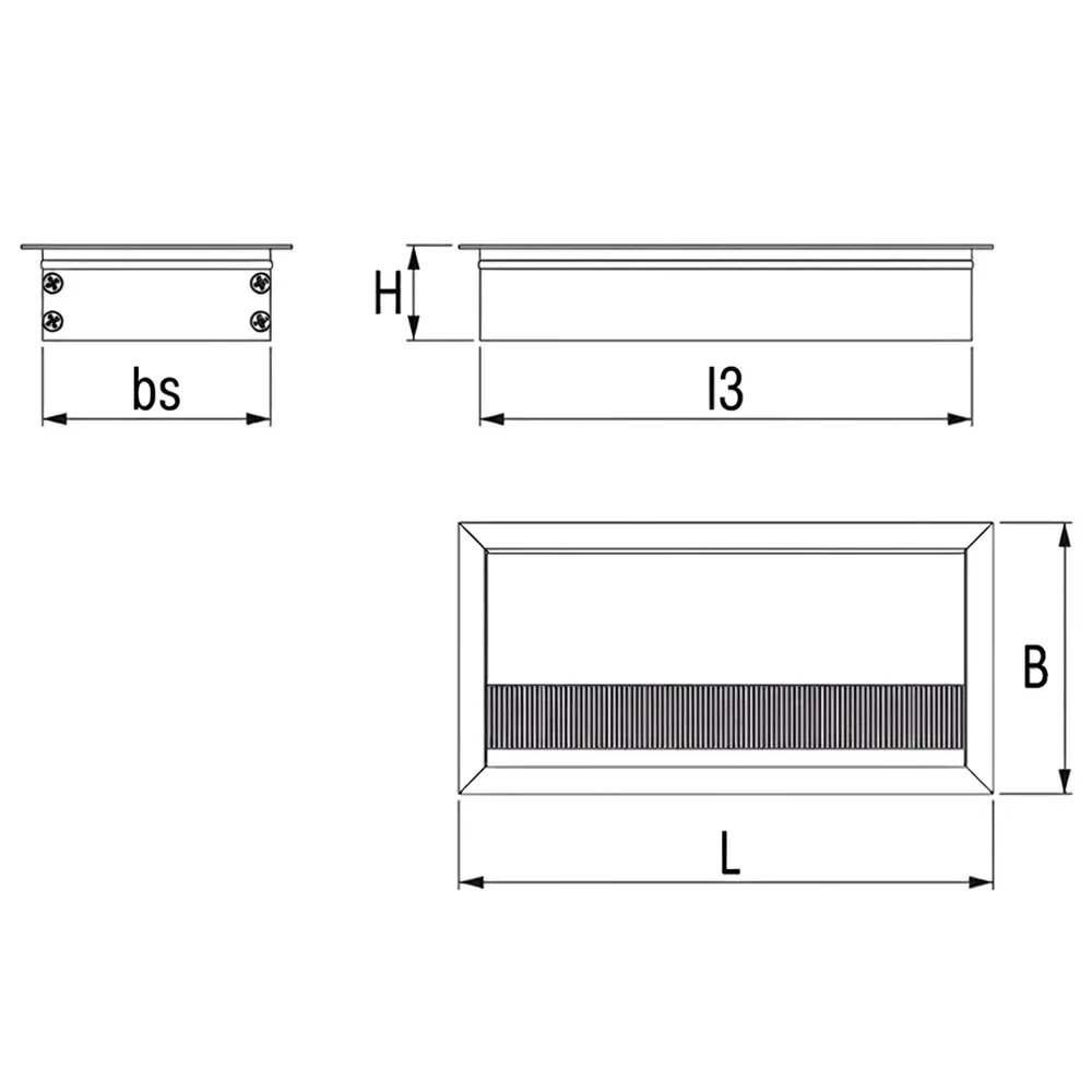 Dibujo técnico: Pasacables de aluminio – cierre suave – cuadrado / rectangular