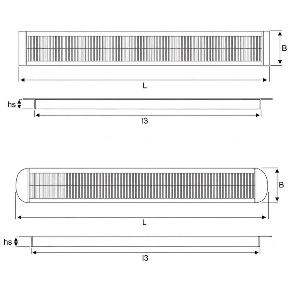 Plano acotado Pasacables rectangular 385x63mm - Recto - 403x69mm - cepillos Gris