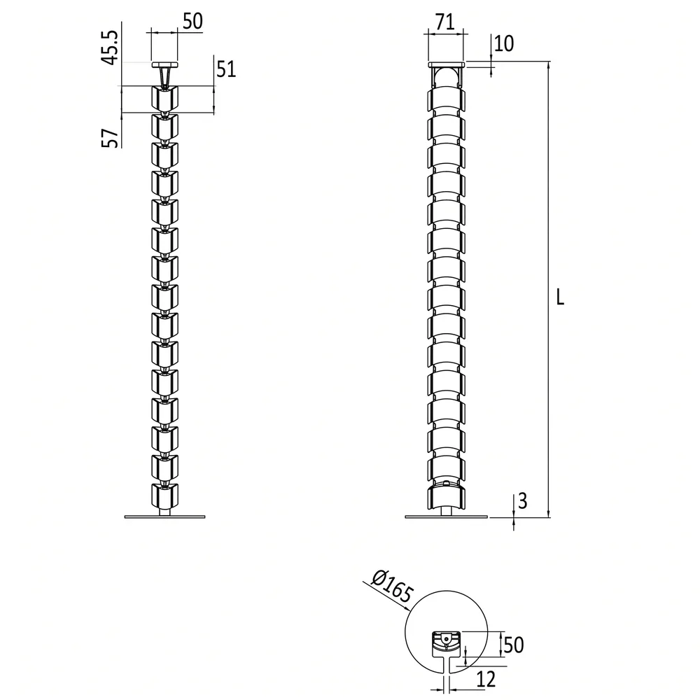 Plano acotado Columna vertebral pasacables modelo Spine 765mm PP - 15 segmentos - Blanco