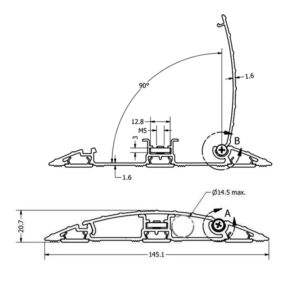 Dibujo técnico: Canaleta de suelo – aluminio – pieza de esquina 90° plana