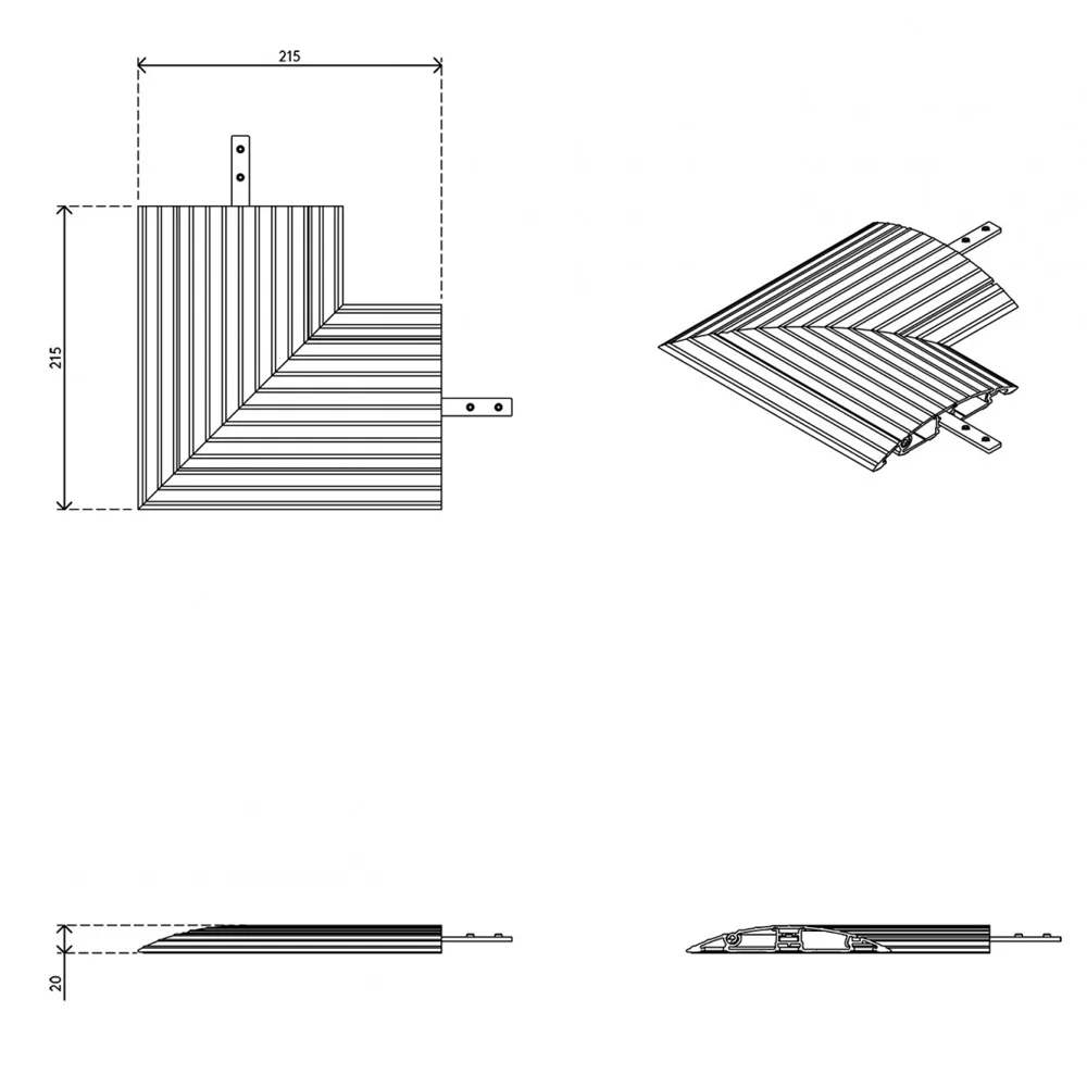 Dibujo técnico: Canaleta de suelo – aluminio – pieza de esquina 90° plana
