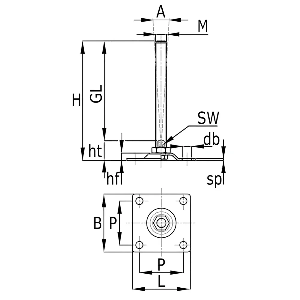 Dibujo técnico: Pie nivelador con base cuadrada galvanizada - con orificios de fijación