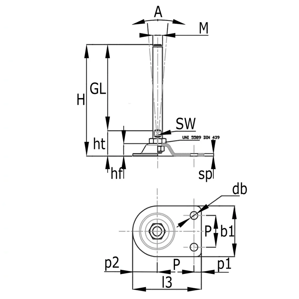 Plano acotado Pie nivelador de acero galvanizado semiesférico 110x151mm - M16x200- Zinc