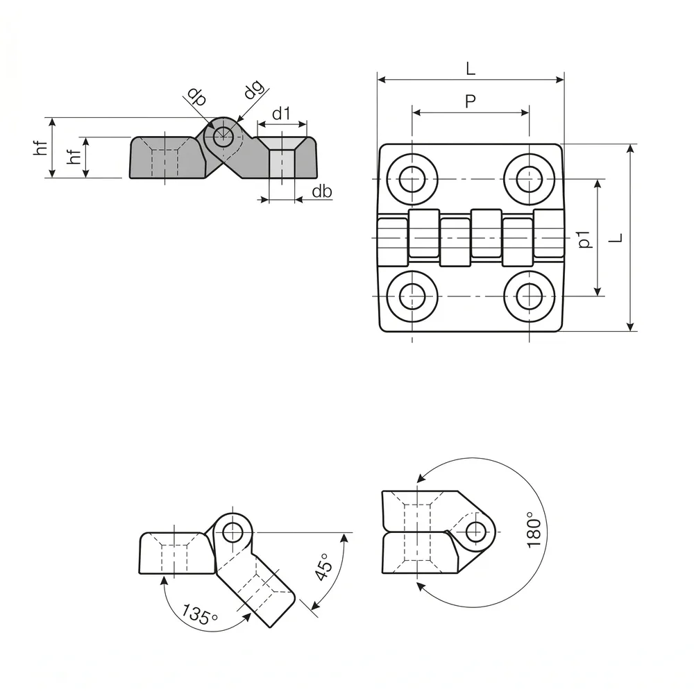 Dibujo técnico: Bisagra PA – perno de acero