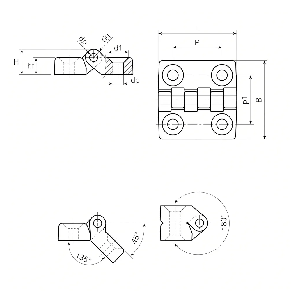 Dibujo técnico: Bisagra PA – eje de acero inoxidable