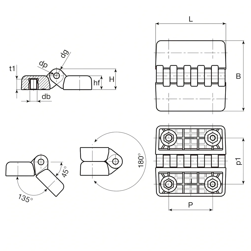 Plano de dimensiones Bisagra PA con casquillo roscado – perno de acero inoxidable