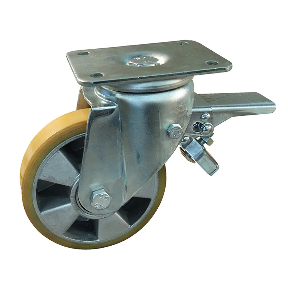 Rueda giratoria con freno Ø200mm - banda de rodadura PU / TPU - carga pesada - Rodamiento de bolas - Fijación de placa 135x110mm - St - Acero