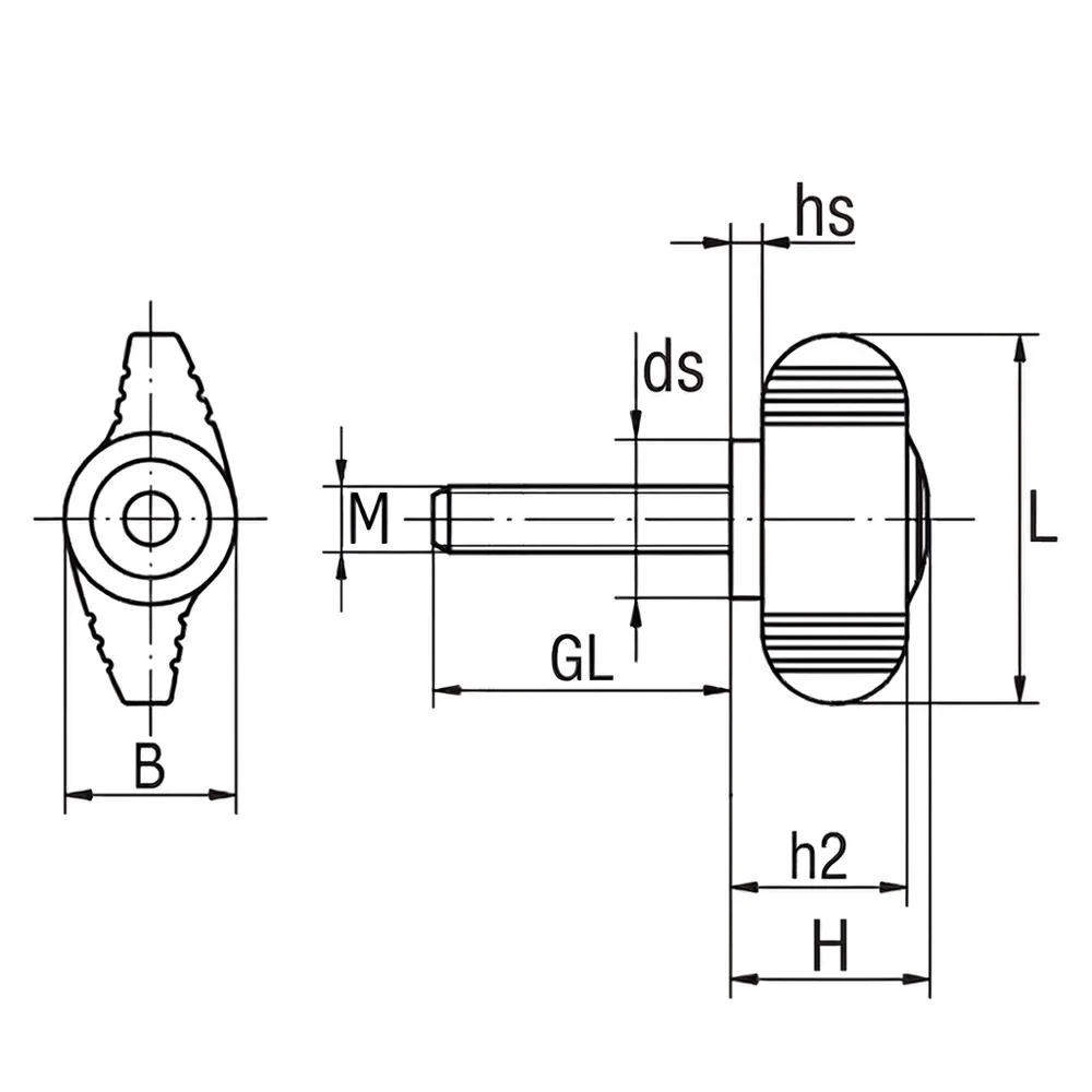 Dibujo técnico: Tuerca de mariposa Modelo 4 – PA – rosca macho en acero inoxidable A2