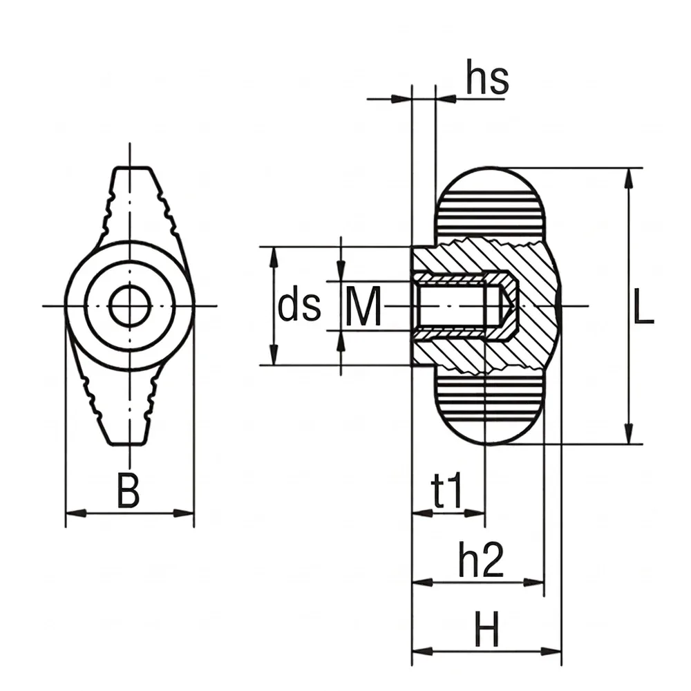 Dibujo técnico: Tuerca de mariposa Modelo 4 - PA - rosca hembra acero inoxidable A2