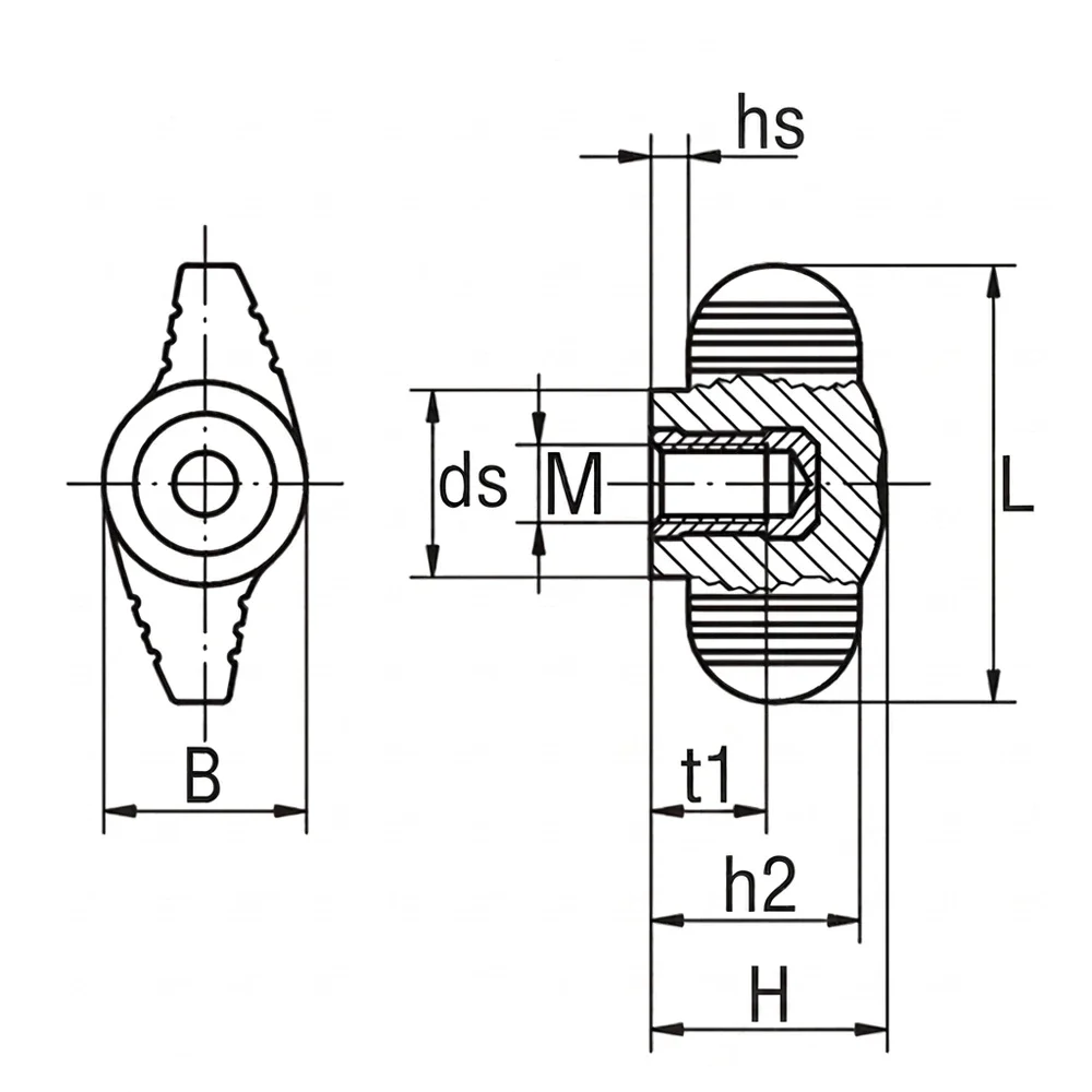 Plano de dimensiones Tuerca de mariposa Modelo 4 - PA - rosca hembra acero inoxidable A2