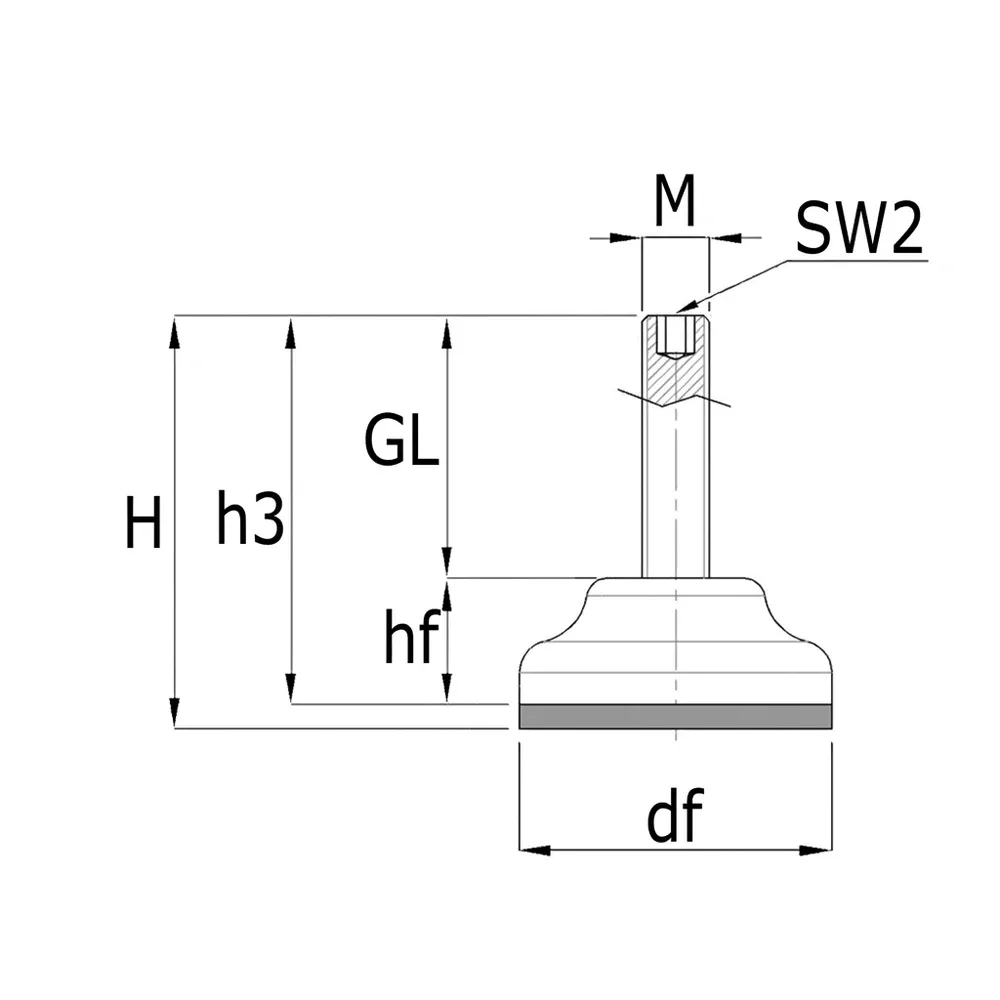 Dibujo técnico: Pie nivelador inox - base plástica fija - hexágono interior